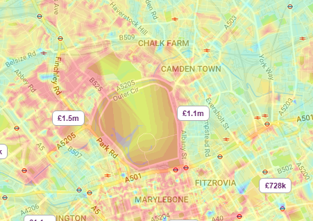 A estimating the spatial distribution of house prices across Camden and the surrounding area. Source: Zoopla.co.uk